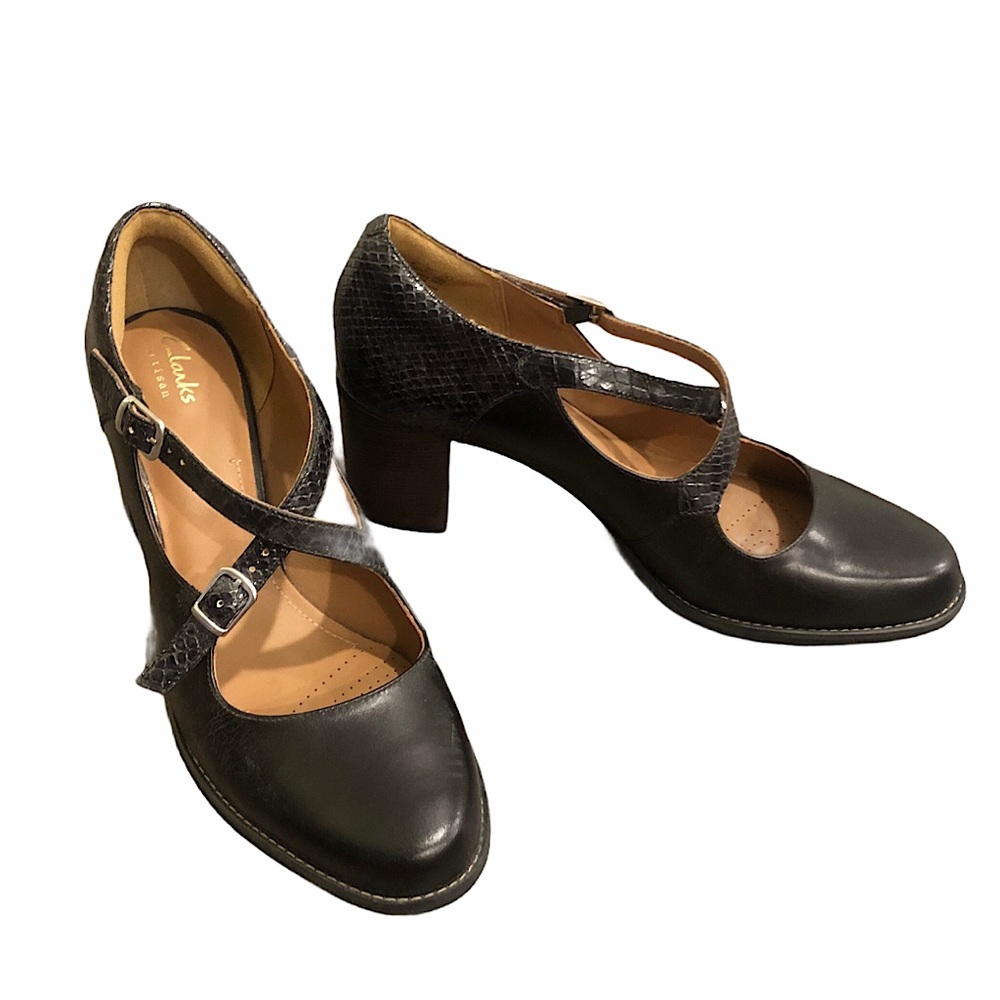 Clarks Artisan black strap leather heels